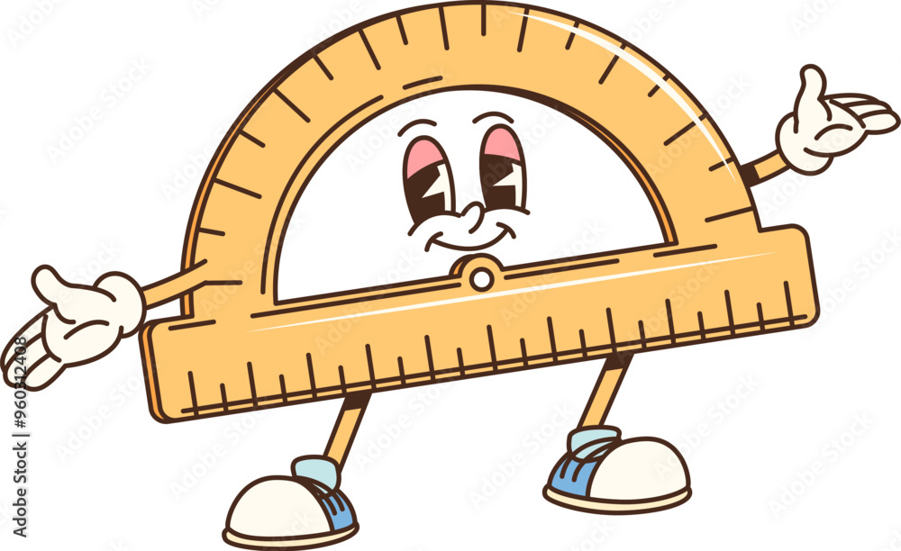 Poster cartoon groovy school protractor character. retro ruler personage. isolated vector nostalgic, old-sc