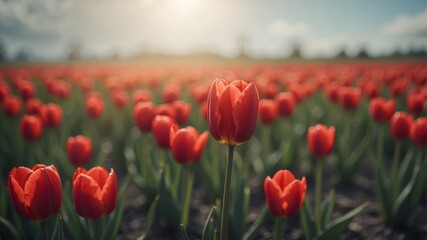 Fototapeta premium Standout Red Tulip in Lush Springtime Field.