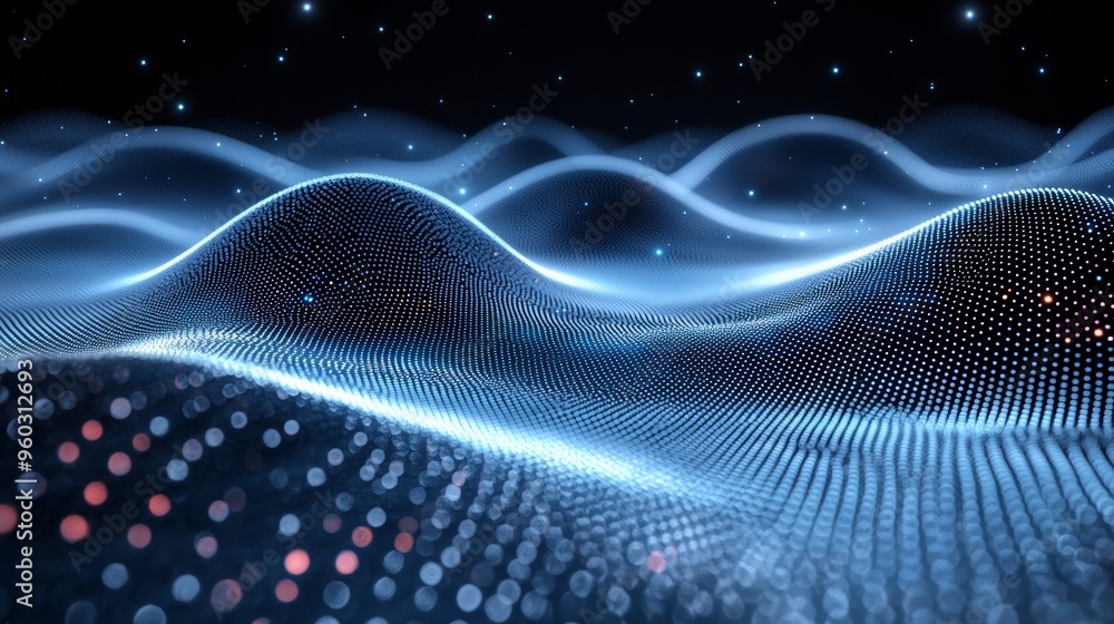 Poster Abstract digital landscape of glowing wave patterns with illuminated dots on a dark background in a futuristic setting