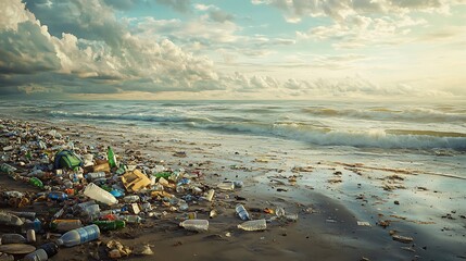 A beach filled with scattered litter and trash. The scene captures an abundance of waste.