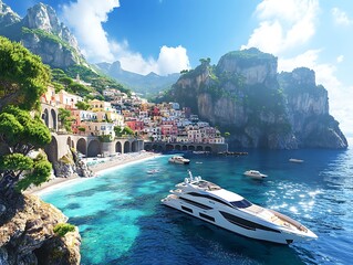 A lavish yacht rests peacefully in crystal-clear turquoise waters, with a vibrant village nestled along the coastline and majestic cliffs in the background