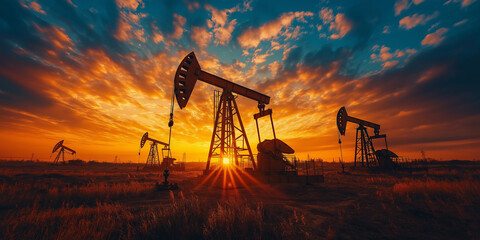 Oil Rigs at Sunset. A dramatic silhouette of oil rigs working against a fiery sunset sky. The image captures the industrial power and energy of the oil industry.
