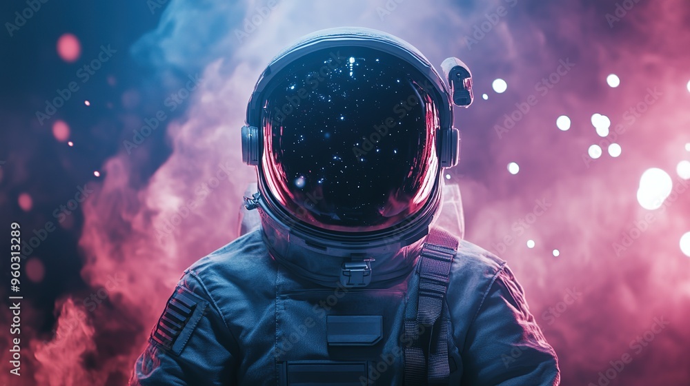 Poster astronaut in a spacesuit surrounded by colorful smoke with stars visible in the helmet reflecting co