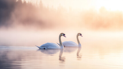 Two Swans in Foggy Lake at Sunrise