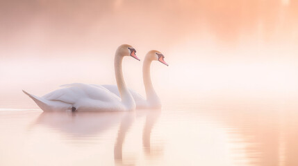 Fototapeta premium Two Swans in a Misty Lake at Dawn - Graceful Water Birds in Nature