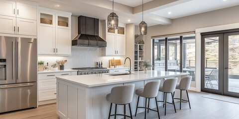 Modern Elegance: Stylish Kitchen with White Counters. Step into a contemporary kitchen with sleek white counters, a center island, and a cozy bar area. Perfect for entertaining!
