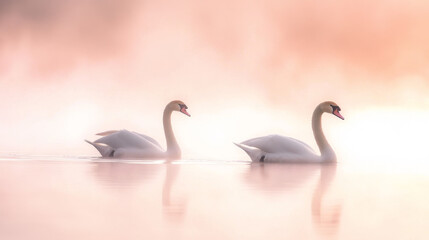 Two Swans Glide Through Misty Water at Sunrise