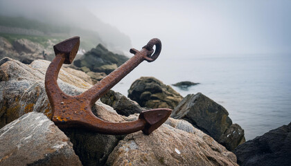 Rusty anchor among weathered rocks at foggy seaside, maritime history.