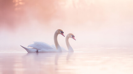 Two Swans in a Misty Lake at Dawn - Romantic Nature Photography
