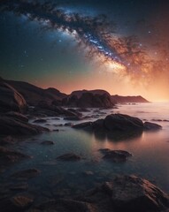Fototapeta premium Serene Starry Night Seascape with Milky Way Reflection.