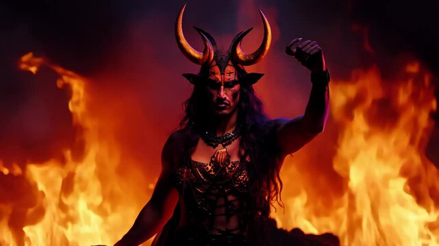 fierce demonic figure with long black hair and large curved horns, standing amidst towering flames, exuding a sense of power and intensity