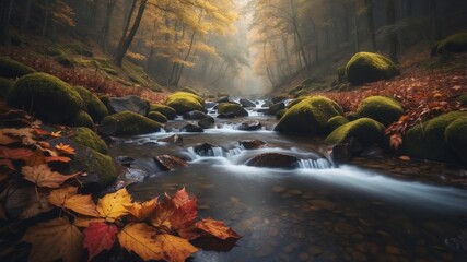 Tranquil Autumn Forest Creek with Flowing Water and Colorful Leaves in Misty Woods.