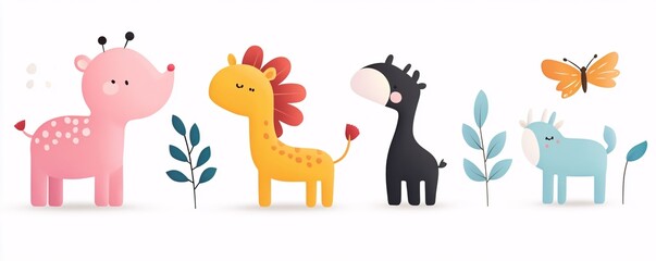 Fototapeta premium Whimsical Flat Design Animals in Summer - Joyful Adventures in Colorful Landscapes