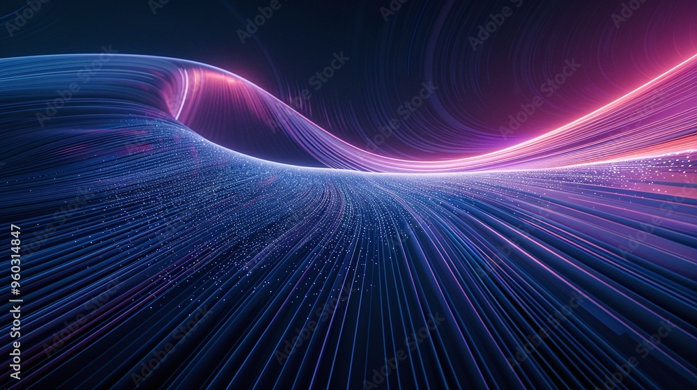 Poster Vibrant abstract wave with dynamic light trails, creating a stunning visual effect in a dark background.