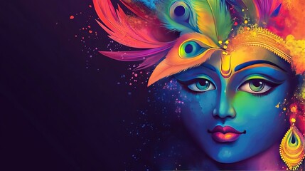 Colorful artistic representation of a woman with vibrant features and intricate adornments against a dark background