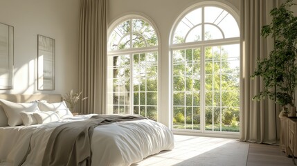 Traditional bedroom with tall, arched windows allowing natural light to fill the room and a view of the garden.