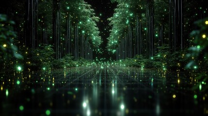 A mystical forest pathway illuminated by glowing green lights, reflecting on a smooth surface, creating a serene and magical ambiance.