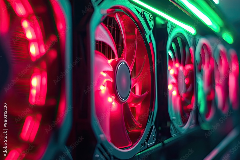 Wall mural Close-up of a computer fan with red LEDs. This photo is perfect for illustrating articles or websites about computers, gaming, and technology.