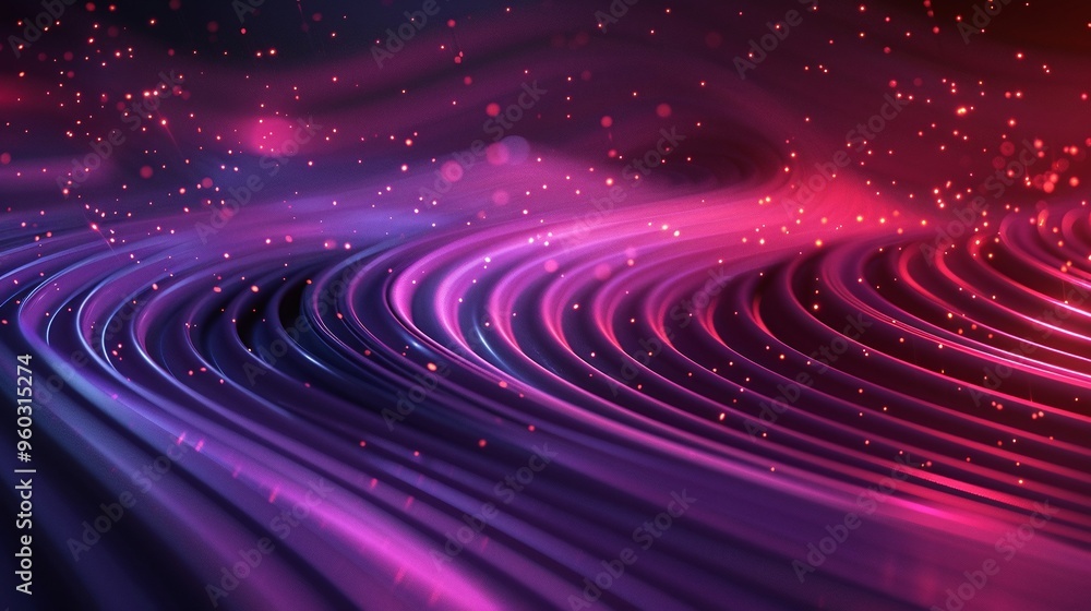 Poster vibrant abstract waves in pink and purple tones with sparkling particles, creating a dynamic and ene