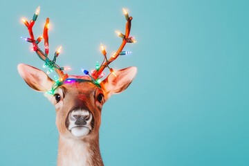 reindeer had with beautiful shiny Christmas lights garland wrapped around reindeer horns on a dark blue background