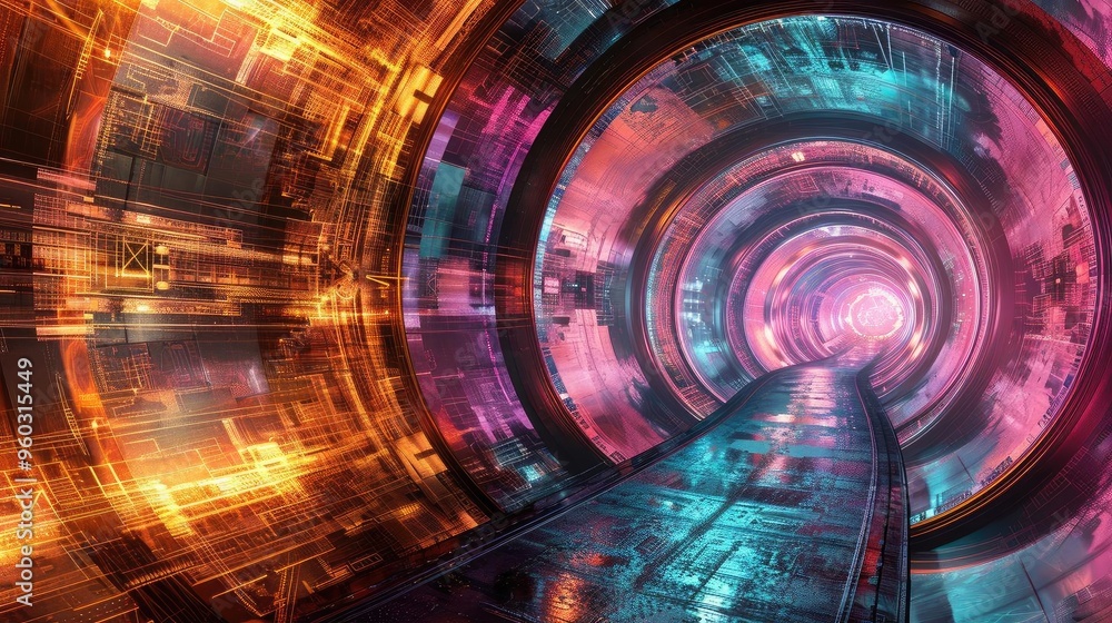 Poster a vibrant tunnel of light with colorful patterns, conveying a futuristic and dynamic atmosphere.