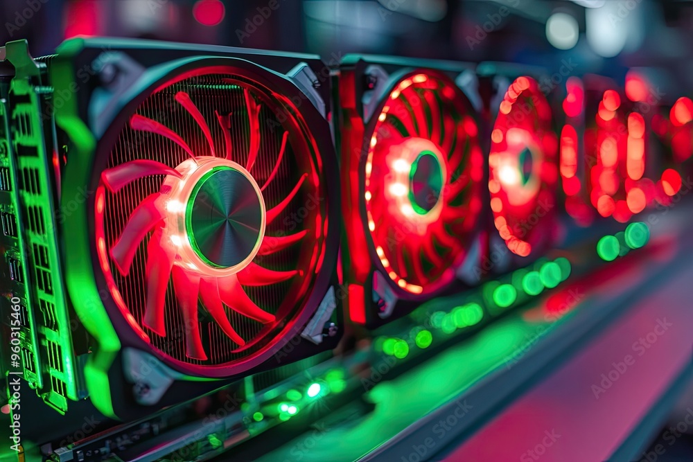 Poster close-up shot of multiple red lit graphics cards. this photo showcases powerful computer hardware, s