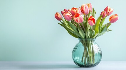 Fototapeta premium Vase made of recycled glass, with a green tint, holding a simple arrangement of fresh tulips.