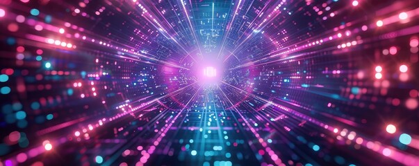 Fototapeta premium Vibrant abstract background featuring radiant light beams and colorful particles, creating an otherworldly, immersive atmosphere.