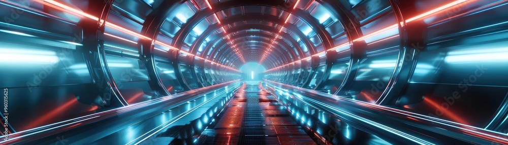 Poster futuristic tunnel with vibrant blue and red lights, creating a dynamic and immersive atmosphere for 