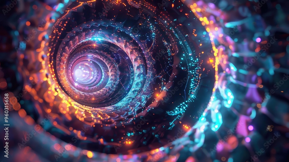 Poster a mesmerizing swirling tunnel of vibrant lights and colors, creating an illusion of depth and moveme
