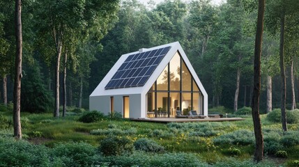 Fototapeta premium View of white solar panels on a sleek, minimalist house in a forest setting, harmonizing with nature