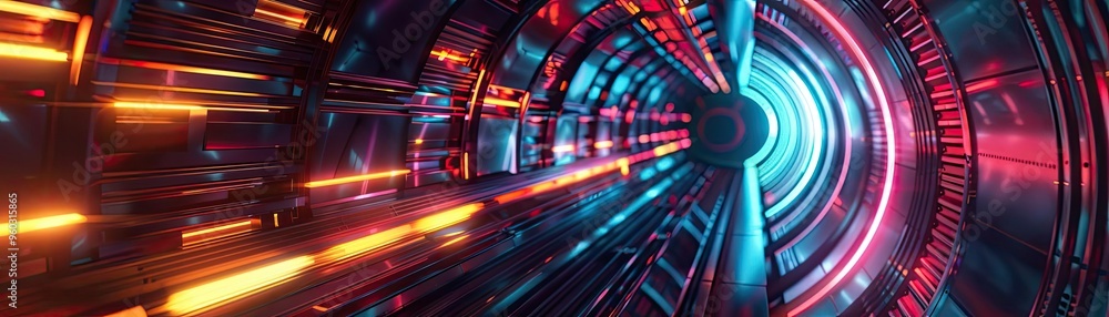 Poster futuristic abstract tunnel with glowing lights in vivid colors, creating a sense of speed and moveme