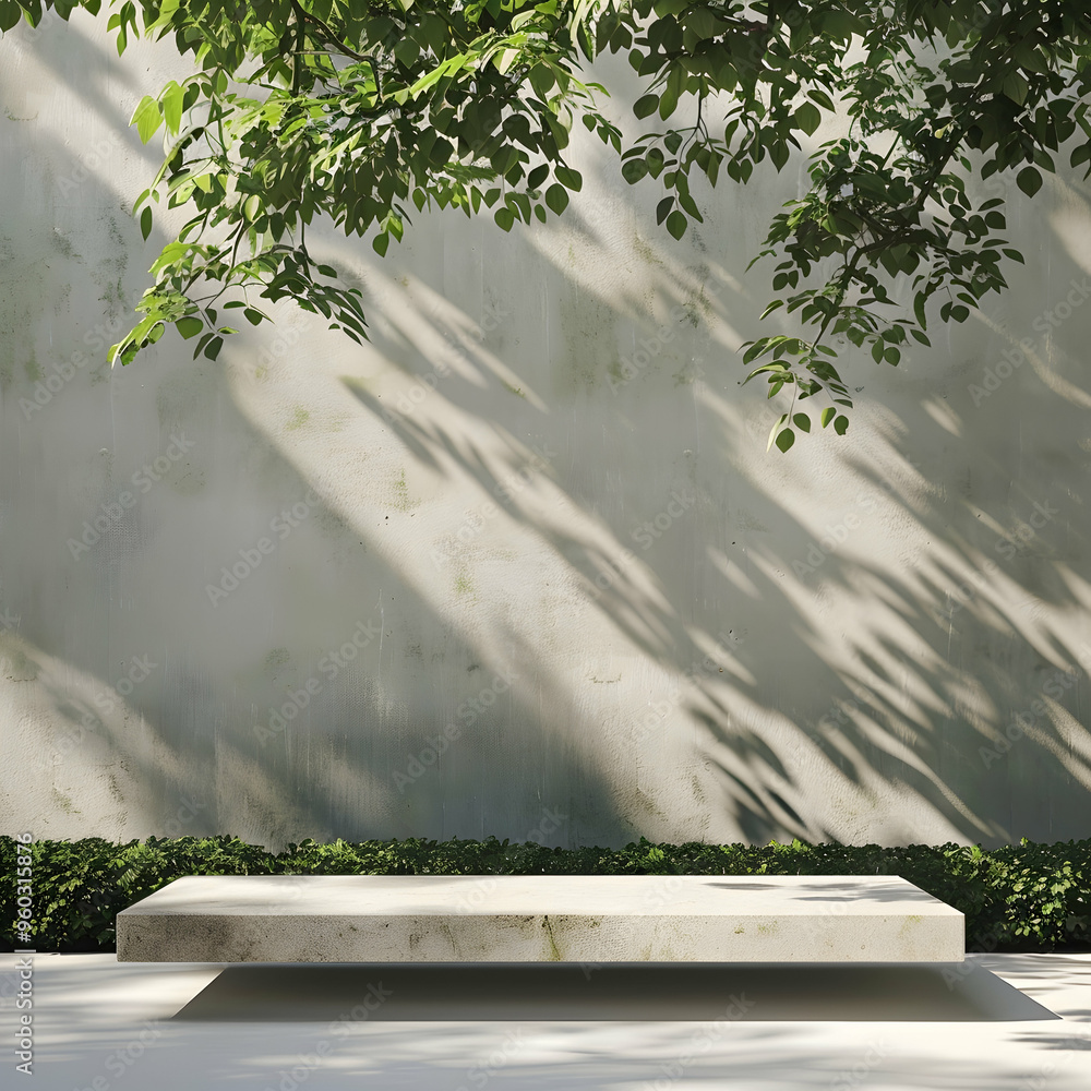 Aufkleber rectangle stone podium platform with natural green trees in backyard garden with shadow background. 
