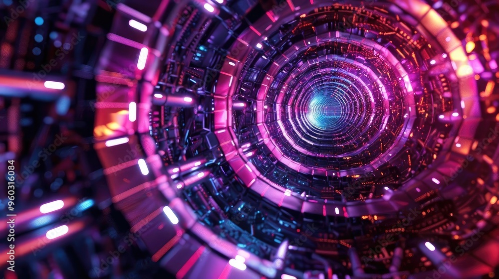 Poster a vibrant tunnel of light with futuristic patterns, creating an immersive digital atmosphere.