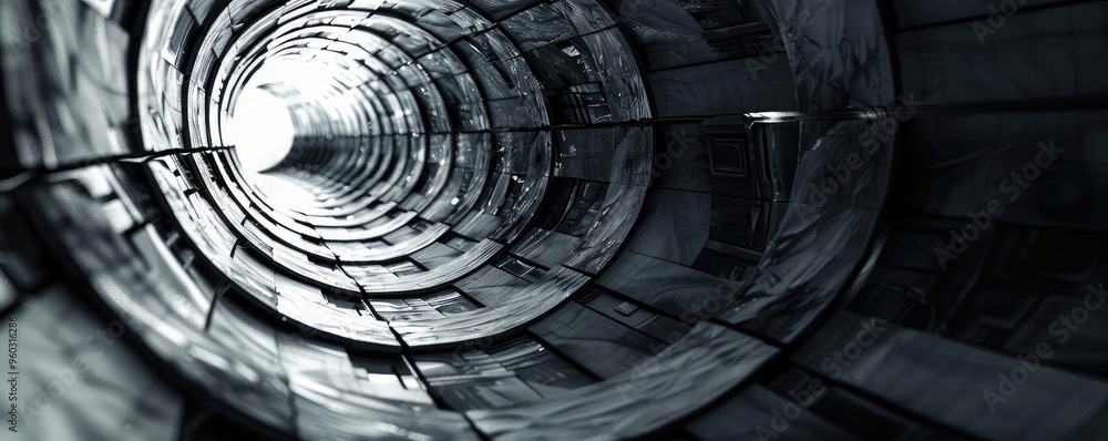 Poster a mesmerizing view inside a metallic tunnel, showcasing intricate textures and a bright light at the