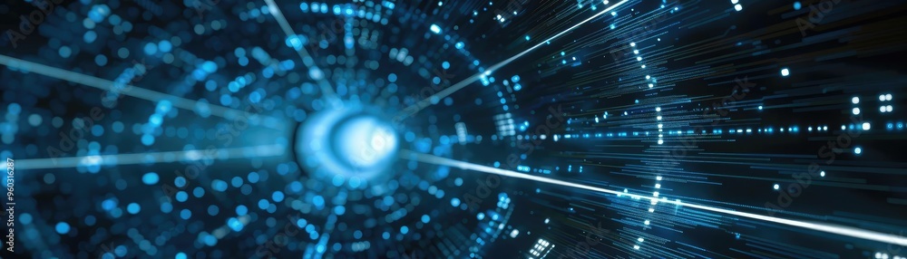 Poster vibrant digital tunnel showcasing dynamic lines and light, representing futuristic technology and ab