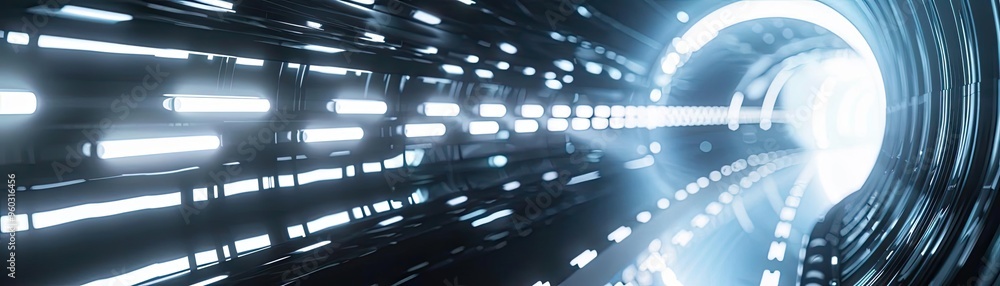 Poster a futuristic tunnel illuminated by bright lights, creating a dynamic sense of motion and travel in a
