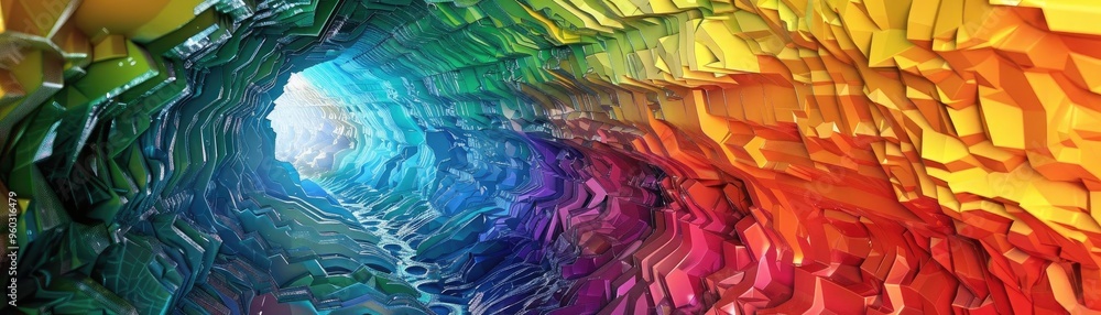 Poster a vibrant, colorful tunnel radiating light, creating a mesmerizing pathway of intersecting hues and 