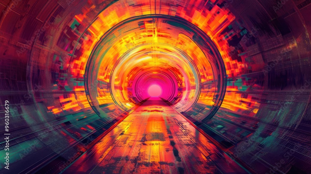 Poster a vibrant, abstract tunnel of light featuring vivid colors and dynamic patterns, evoking a sense of 