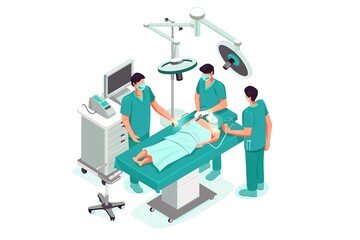 surgical operation with surgeon and assistant with medical equipment, isometric