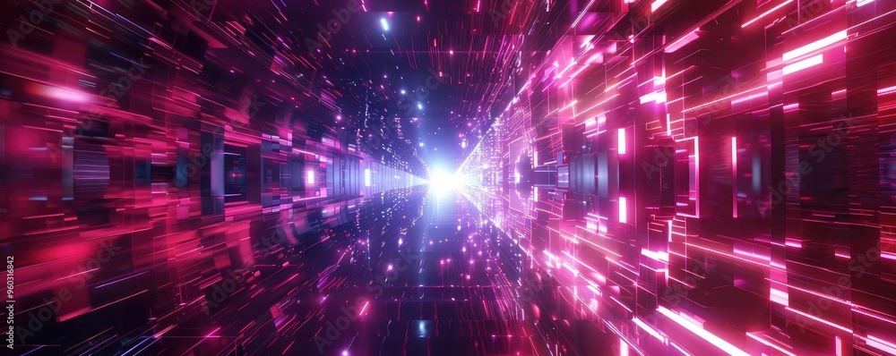 Poster a mesmerizing digital tunnel of light, showcasing vibrant colors and dynamic patterns, evoking a sen