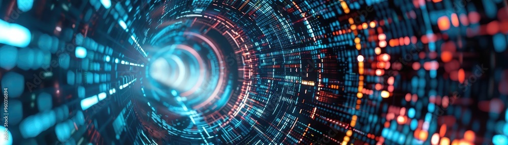 Poster a vibrant digital tunnel filled with swirling lights and dynamic patterns, representing advanced tec