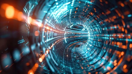 Futuristic digital tunnel with glowing lights, showcasing a vibrant and abstract representation of technology and innovation.