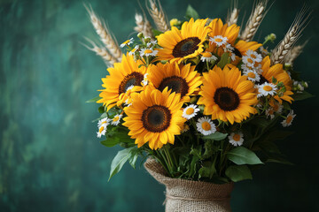A rustic bouquet featuring freshly picked sunflowers, wild daisies, and wheat stalks, wrapped in burlap, isolated on a pastel green background,