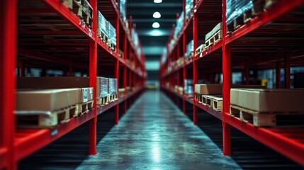 Obraz premium Empty red warehouse shelves illustrating the risks of underordering and stockouts, highlighting supply chain challenges, inventory management issues, and potential business disruptions.