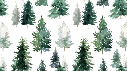 Seamless pattern with watercolor pine trees and spruces, hand drawn on white background