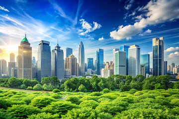Fototapeta premium A skyline of modern, tall buildings rising above an expansive park, showcasing a city's balance between green spaces and sleek architectural growth