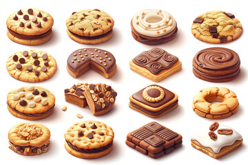 Various of bakery fresh cookies and biscuits isolated on white background.