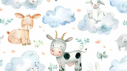 Obraz premium Seamlesss pattern with cartoon clouds, magic baby bear bunny toys and cow. Watercolor hand drawn illustration with white background