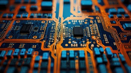 Orange, blue technology background/Orange and blue technology background circuit board and code